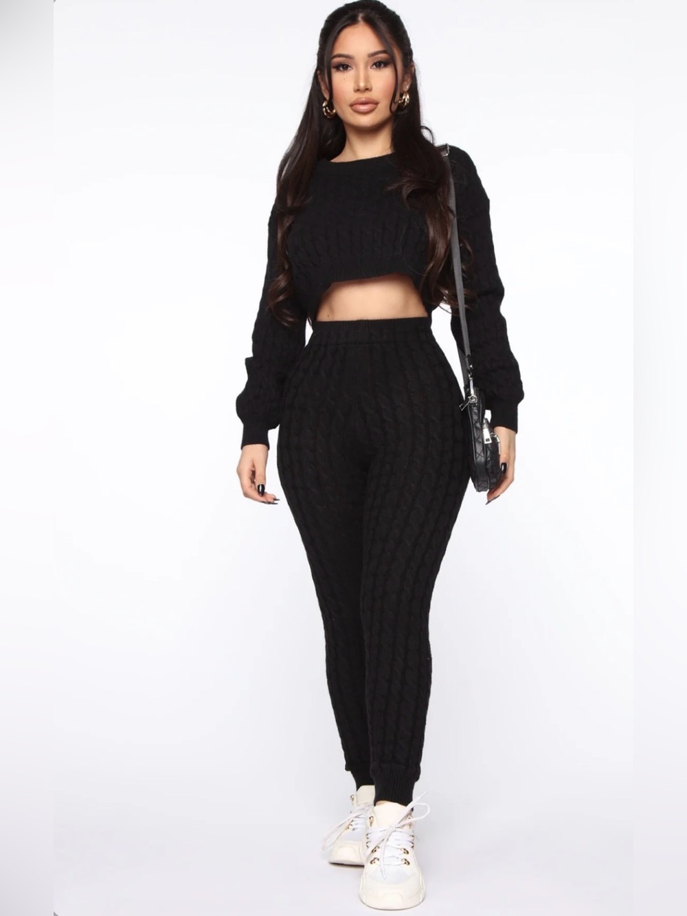 Fashion Nova Black Cable-Knit Cropped Sweater Set